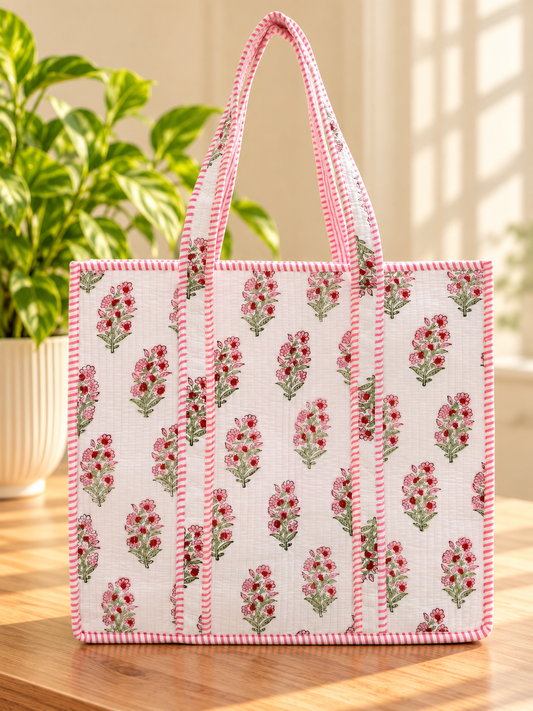 Handmade Quilted Floral Tote Bag – Pink Cotton Carryall