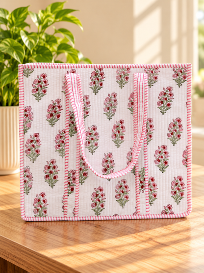 Handmade Quilted Floral Tote Bag – Pink Cotton Carryall