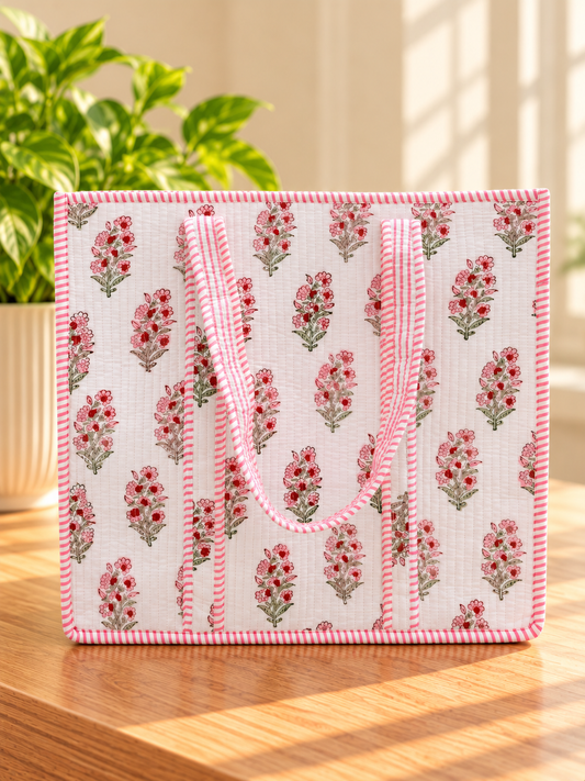 Handmade Quilted Floral Tote Bag – Pink Cotton Carryall
