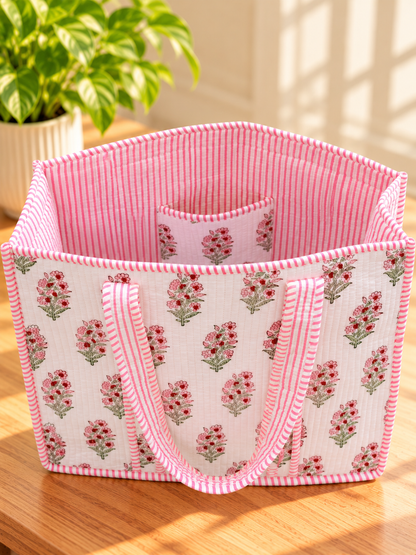 Handmade Quilted Floral Tote Bag – Pink Cotton Carryall