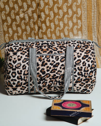 Leopard Print Quilted Duffel Bag